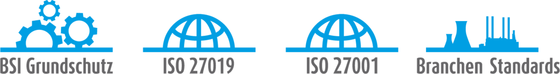 Symbolische Darstellung der Normen und Regularien, die KORAMIS- Cybersecurity by telent abdeckt. Aufgeführt sind: BSI Grundschutz, ISO 27019, ISO 27001, Branchenstandards (B3S).