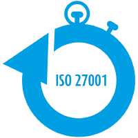 Symbol ISMS as a service. Zu sehen eine stilisierte Stoppuhr, in der der Schriftzug ISO 27001 steht.